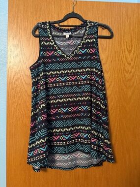 LuLaRoe Black Aztec Stripe V-Neck Tank with Pink & Teal Accents